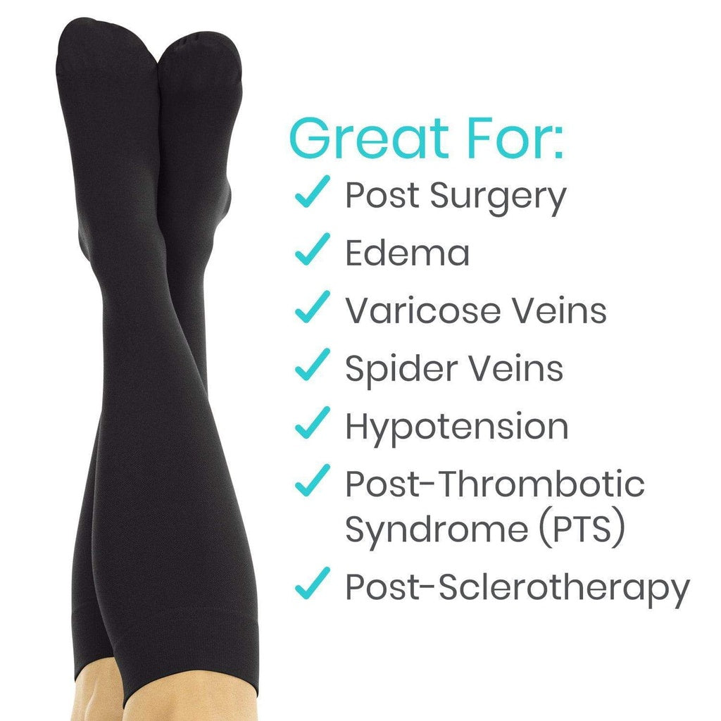 Black compression stockings with text highlighting uses on a white background