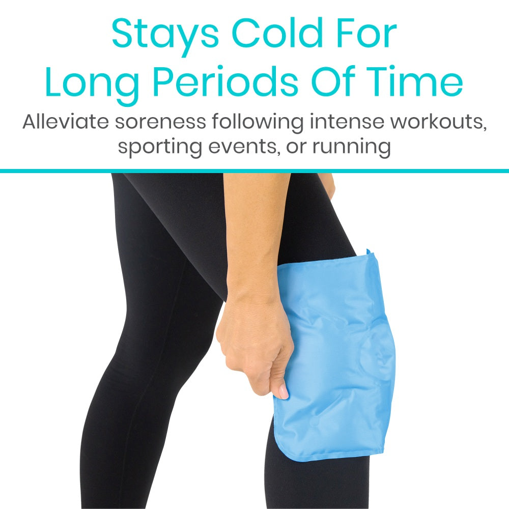 Person holding a blue ice pack against their leg with text about its use after workouts or running.