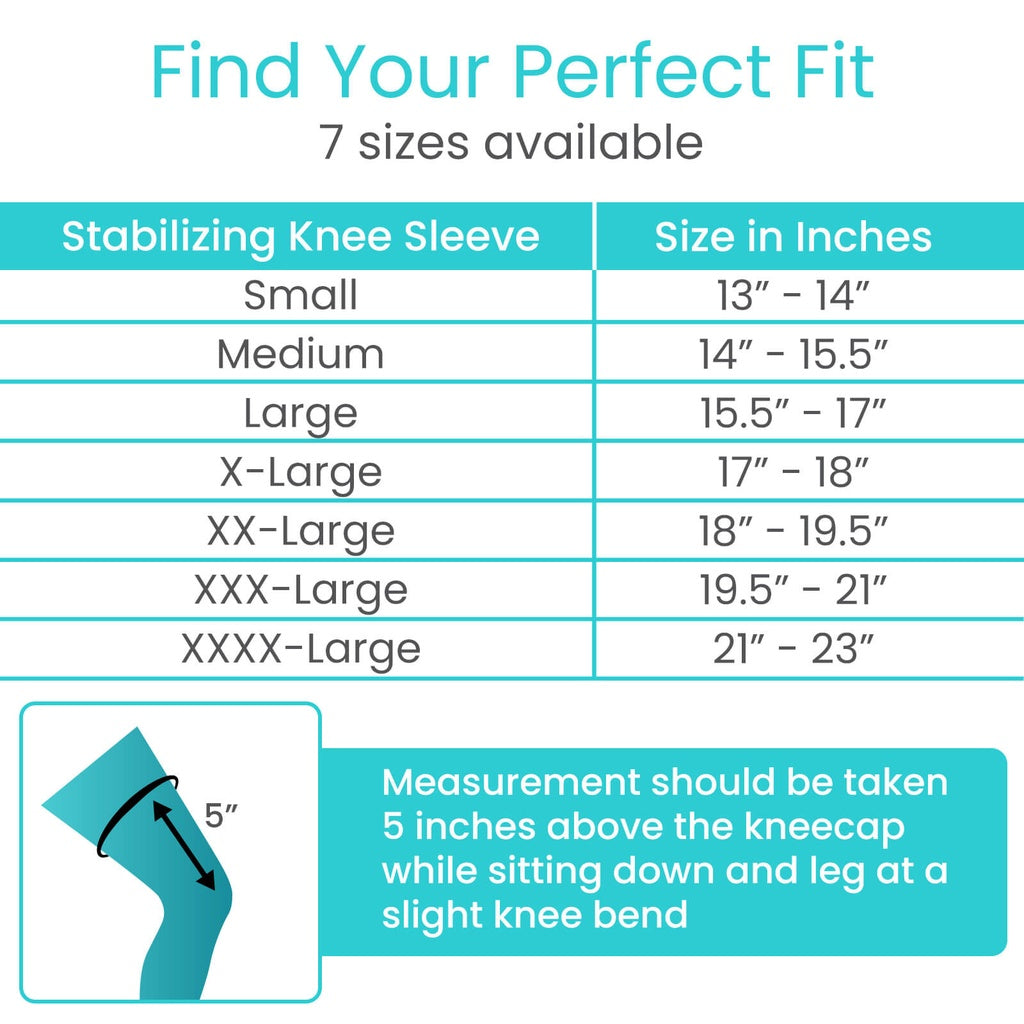 Chart showing size chart for stabilizing knee sleeves with measurements in inches.