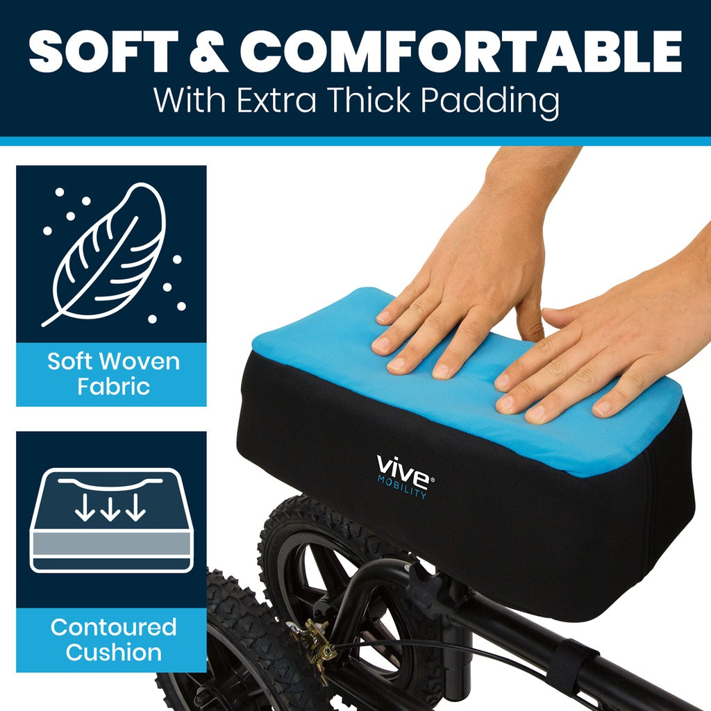 Blue cushion with 'Vive' branding on a stroller, highlighting soft and comfortable features.