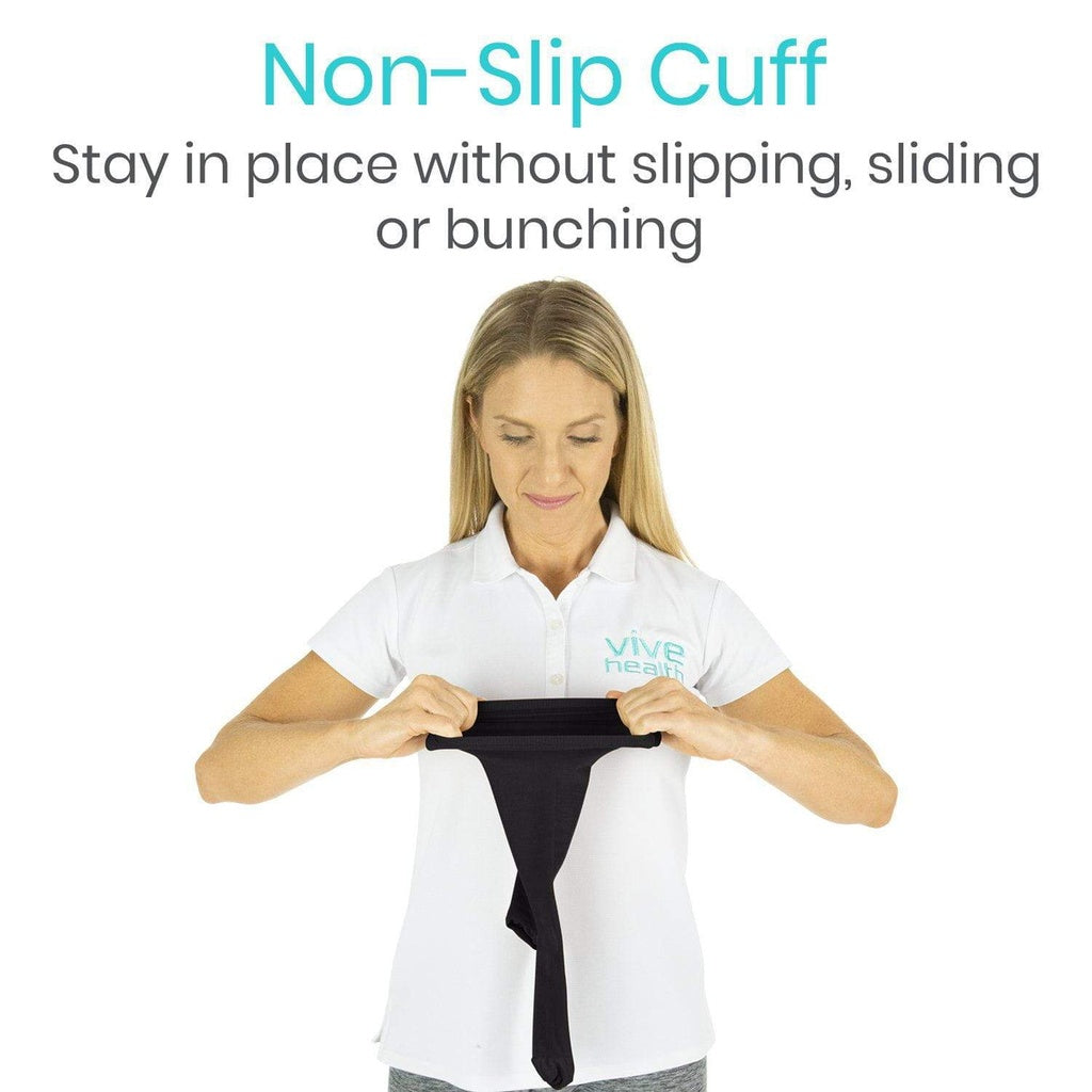 Woman wearing a white shirt with a black non-slip cuff product, featuring text about its benefits.