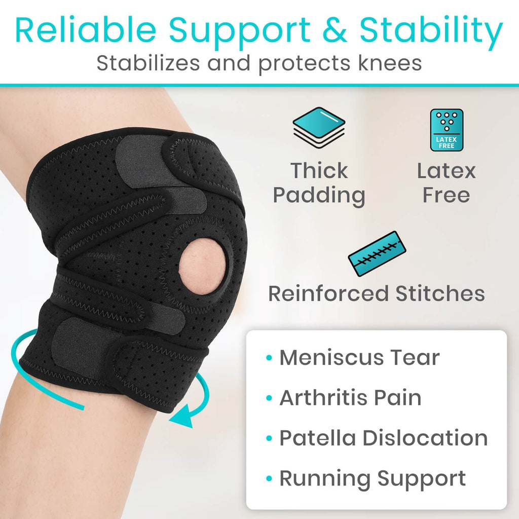 Black knee brace with text highlighting features and benefits on a light gray background