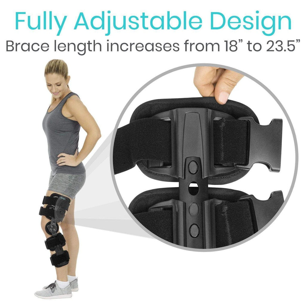 Knee brace with adjustable design feature, showing a woman wearing it and close-up of the adjustable mechanism.