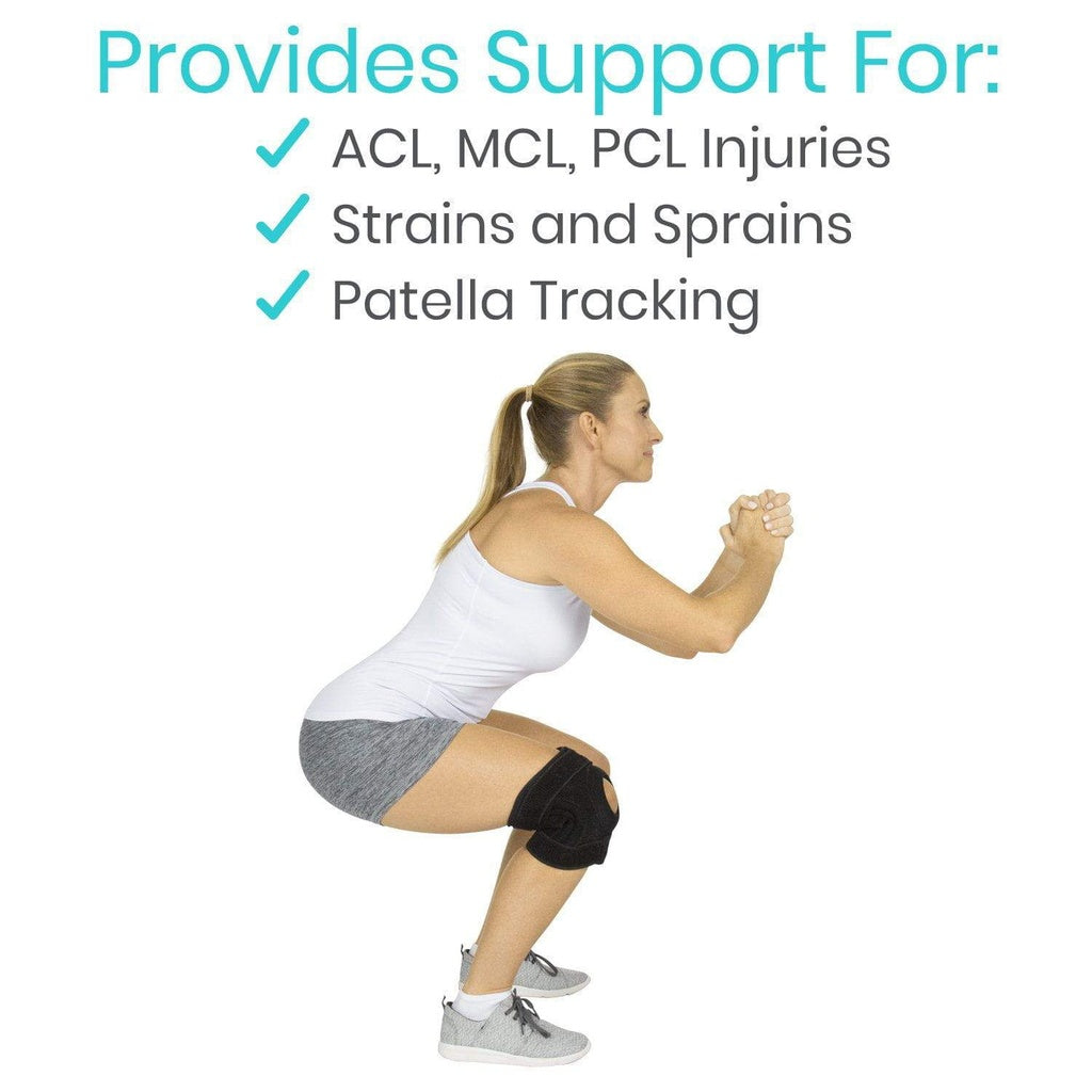 Woman performing a squat exercise with a knee brace, text about knee support on a white background