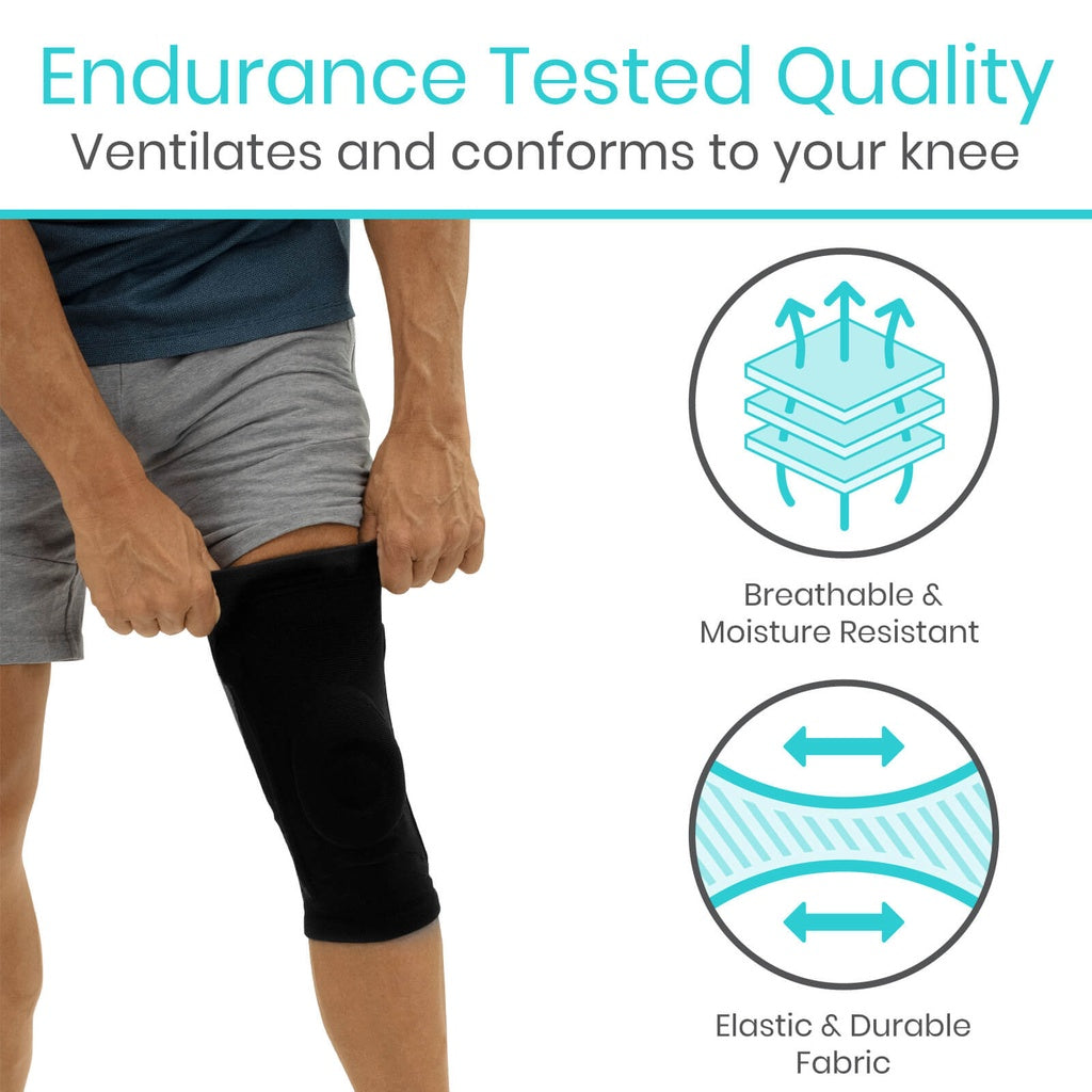 Person wearing a knee brace with text about endurance tested quality, ventilation, and conformability.
