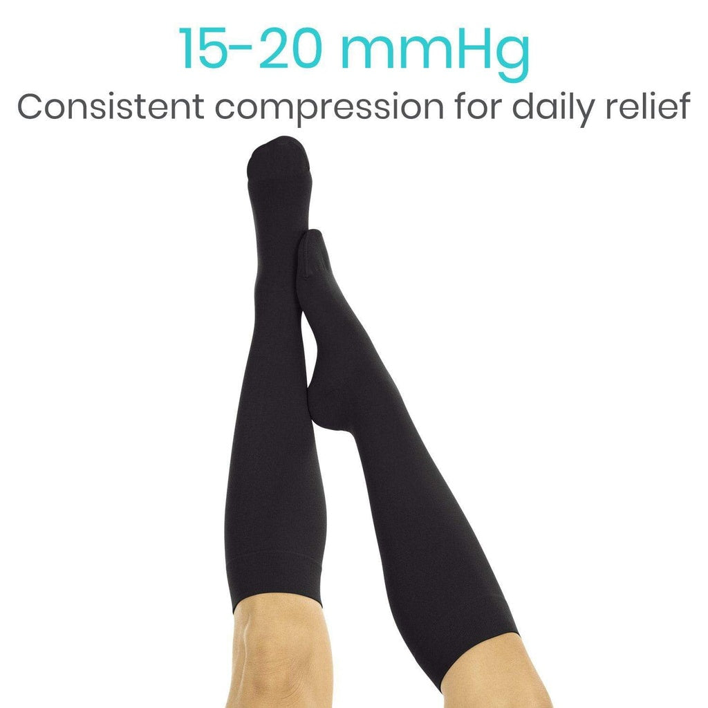 Black compression stockings worn by a person on a white background with text about compression levels.