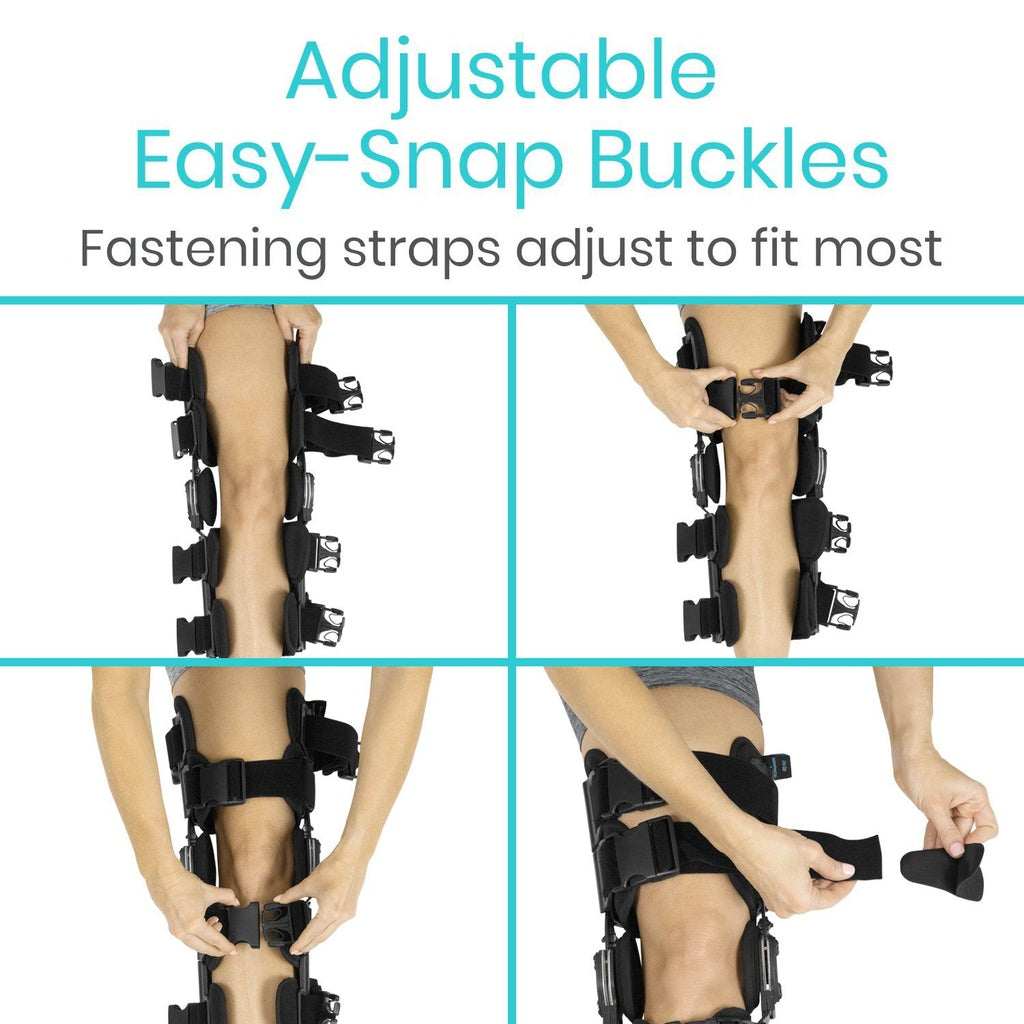Adjustable knee brace with easy-snap buckles on a white background