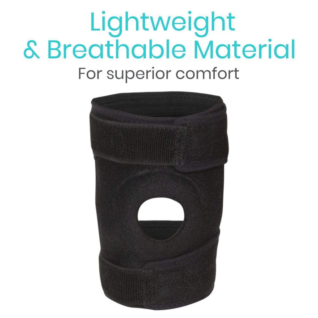 Black knee brace with text 'Lightweight & Breathable Material For superior comfort' on a white background