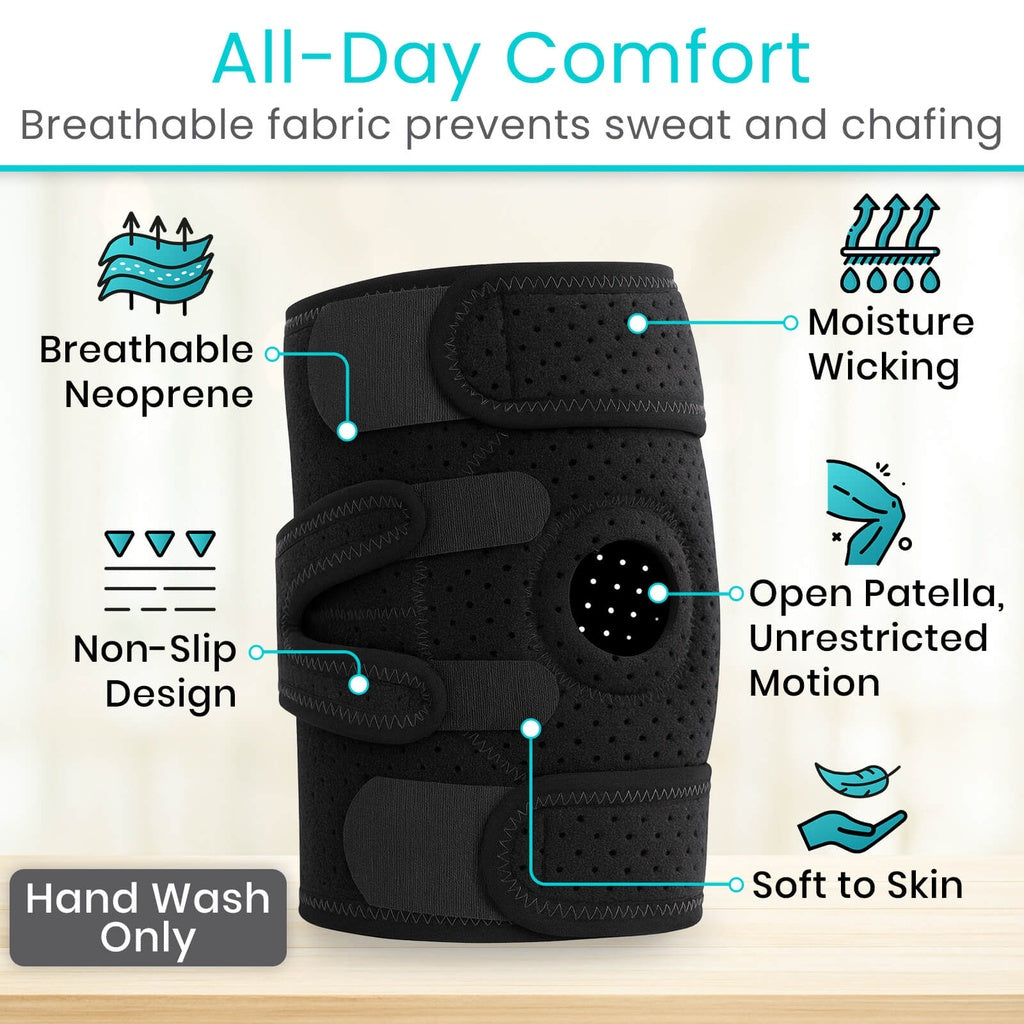 Black knee brace with features highlighted on a light background