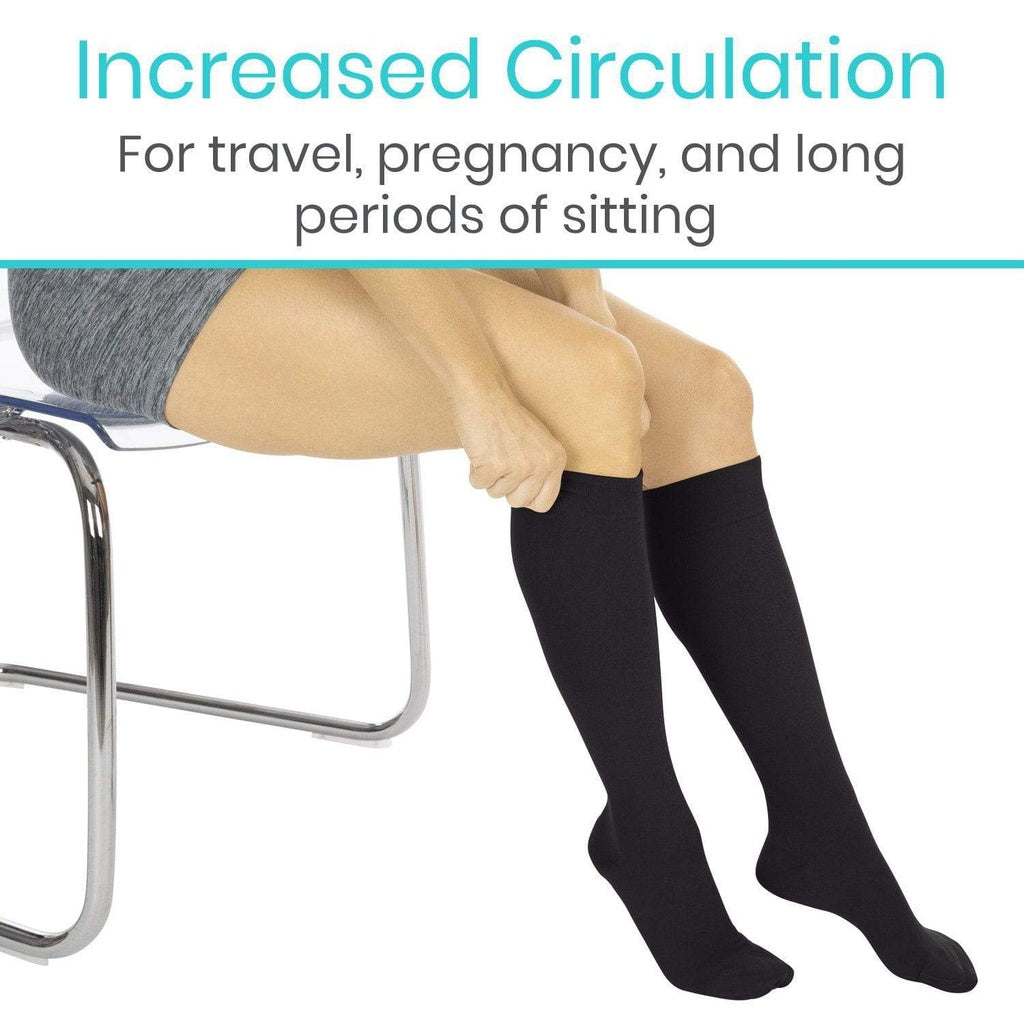 Person wearing black compression socks with text about increased circulation for travel, pregnancy, and sitting.