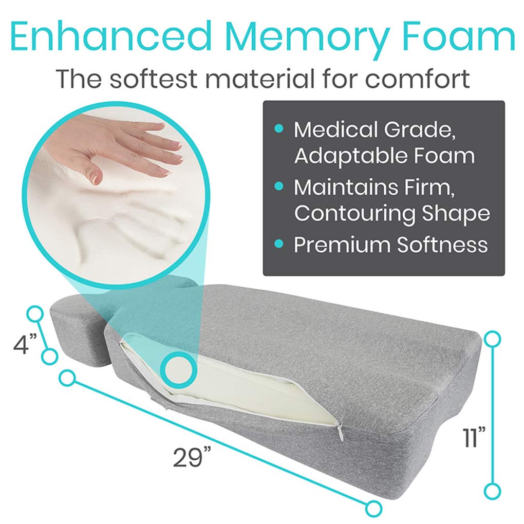 Memory foam pillow with text highlighting features on a white background