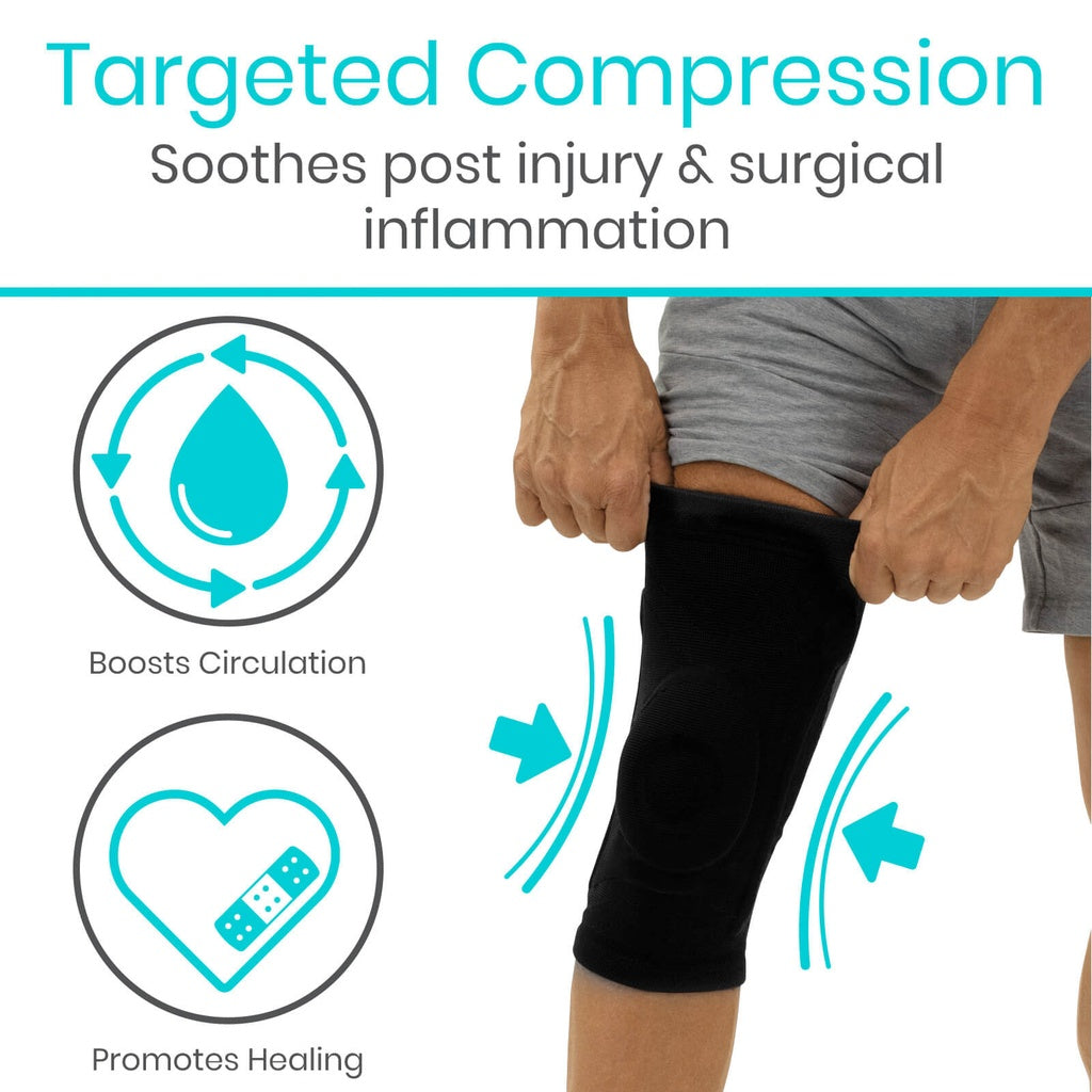 Compression therapy for post-injury and surgical inflammation with a person wearing a black compression stocking.