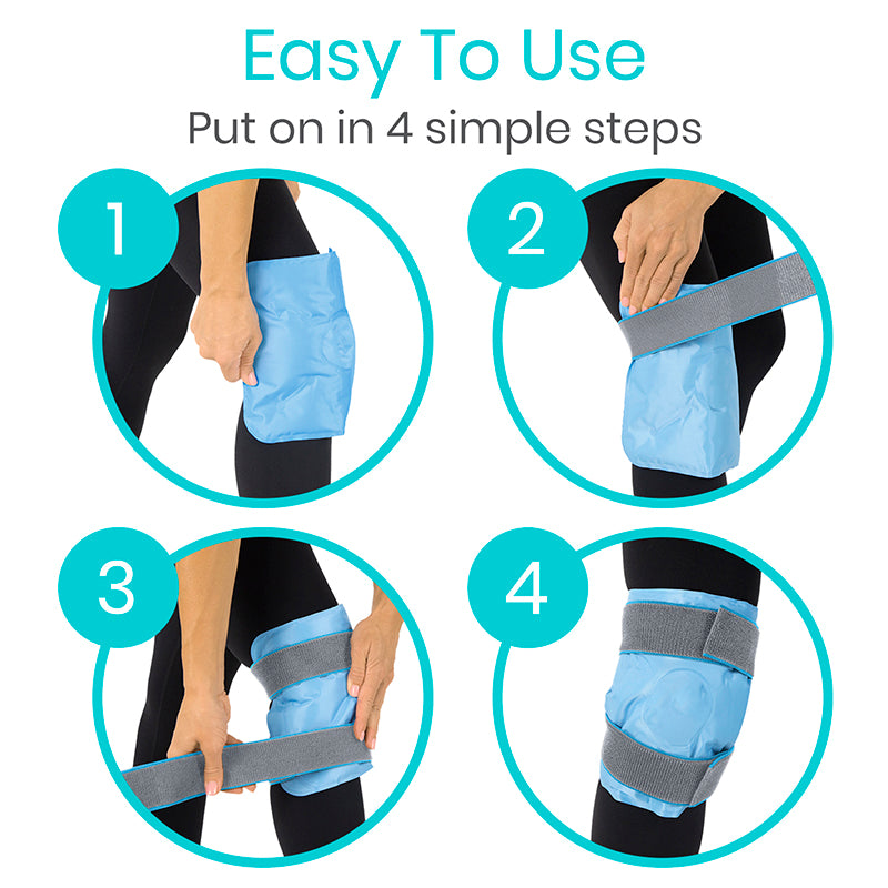 Step-by-step guide on how to put on a knee brace with text 'Easy To Use Put on in 4 simple steps'.