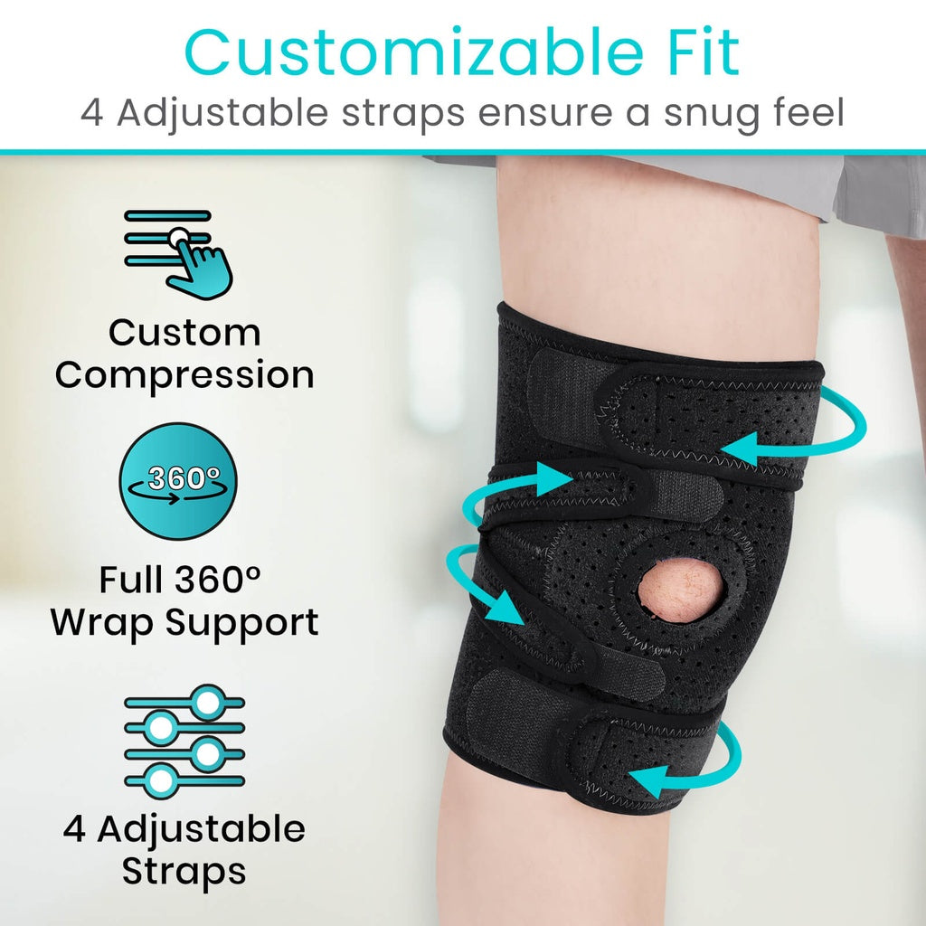 Black knee brace with adjustable straps on a person's knee, featuring text about customizable fit and support.