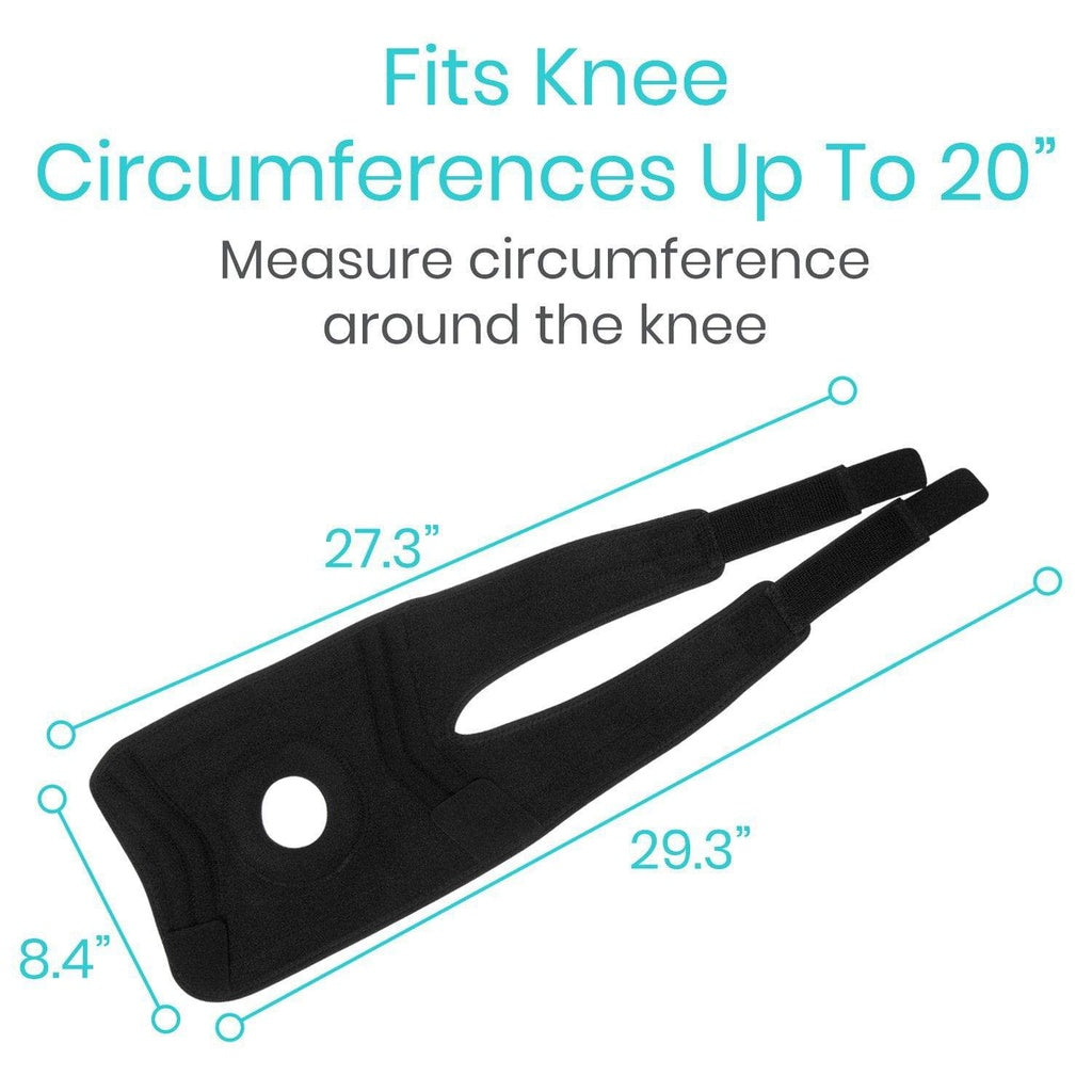 Black knee brace with measurements on a white background