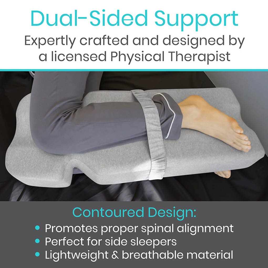 Gray arm pillow with text about dual-sided support and contoured design.