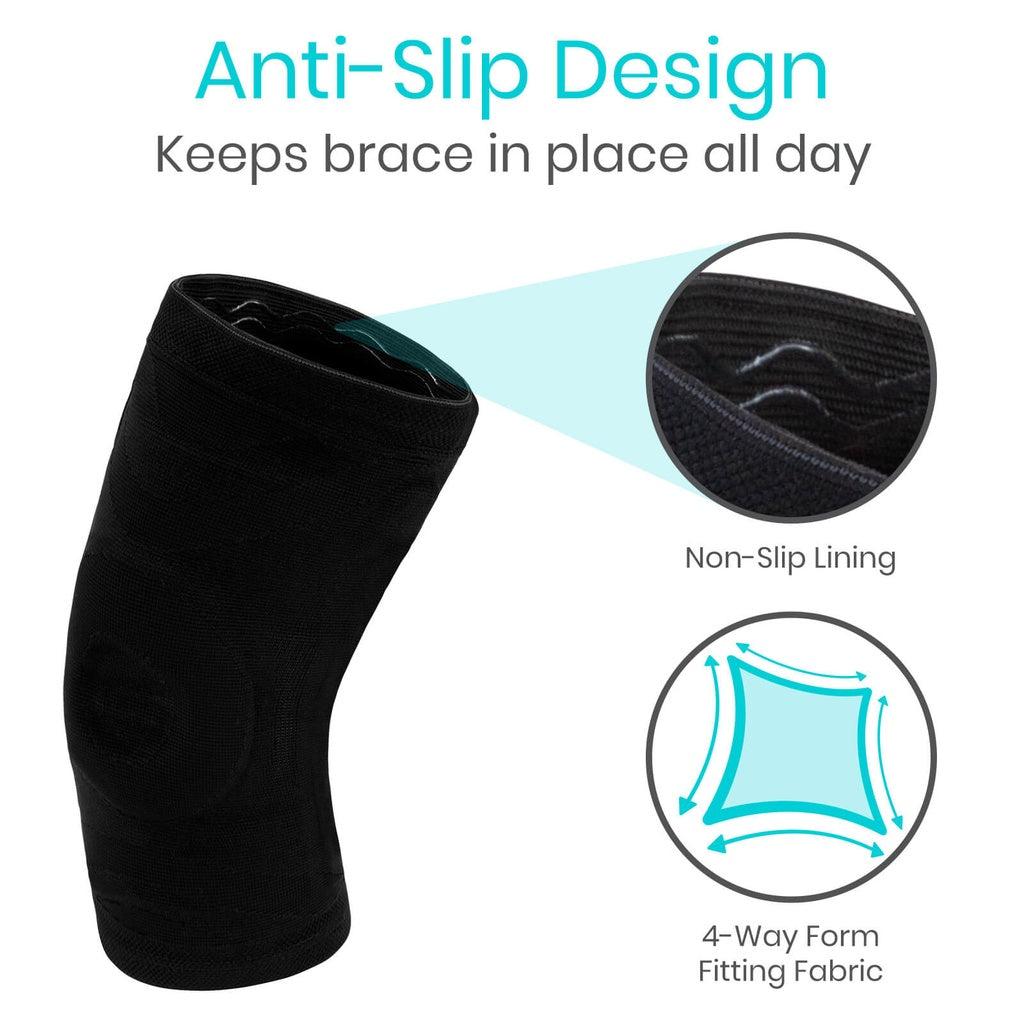 Black knee brace with anti-slip design features on a white background