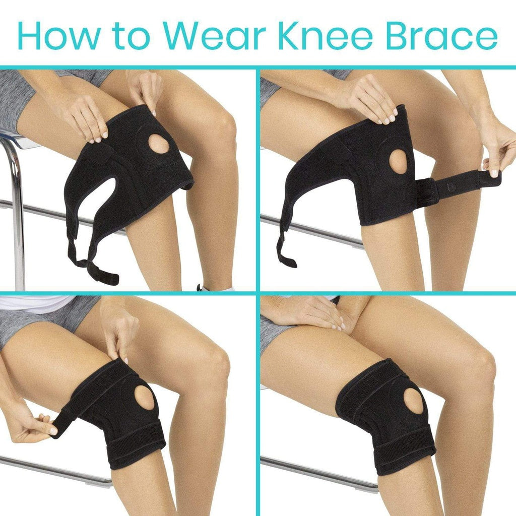 Step-by-step guide on how to wear a knee brace with close-up views.