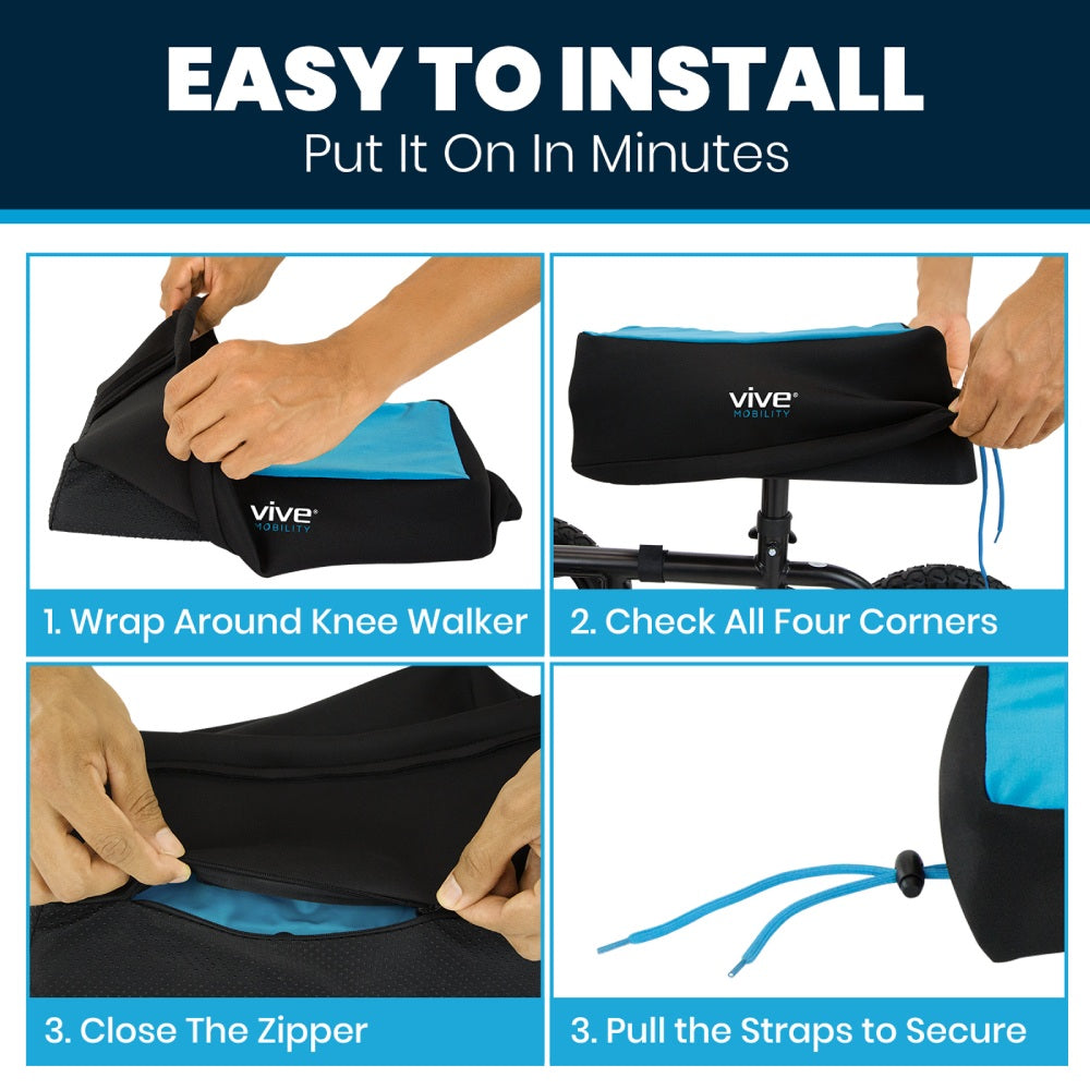 Instructions for installing a product on a knee walker with text 'Easy to Install, Put It On In Minutes'.