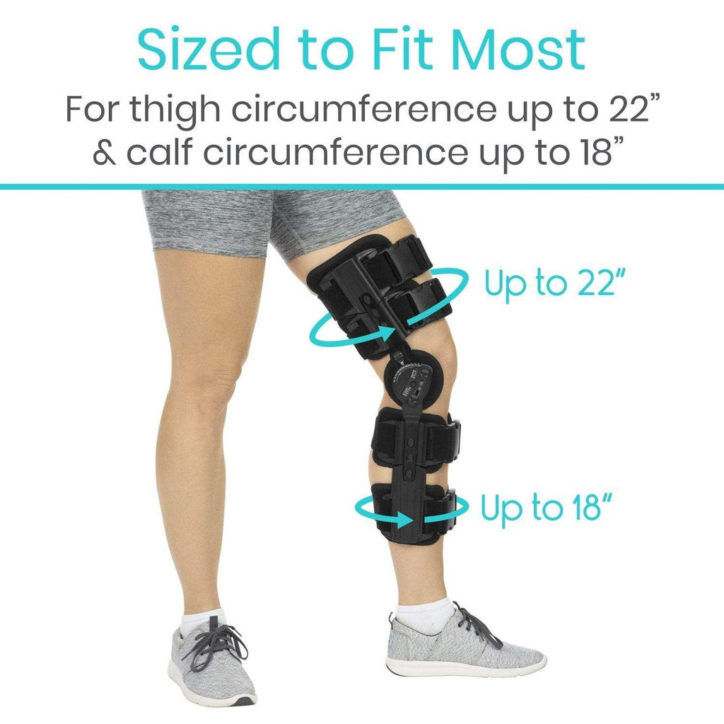 Knee brace with measurement text on a white background