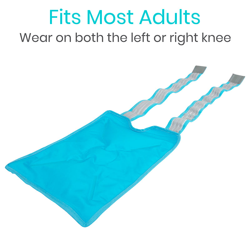 Blue knee support brace with text indicating it fits most adults and can be worn on either knee.