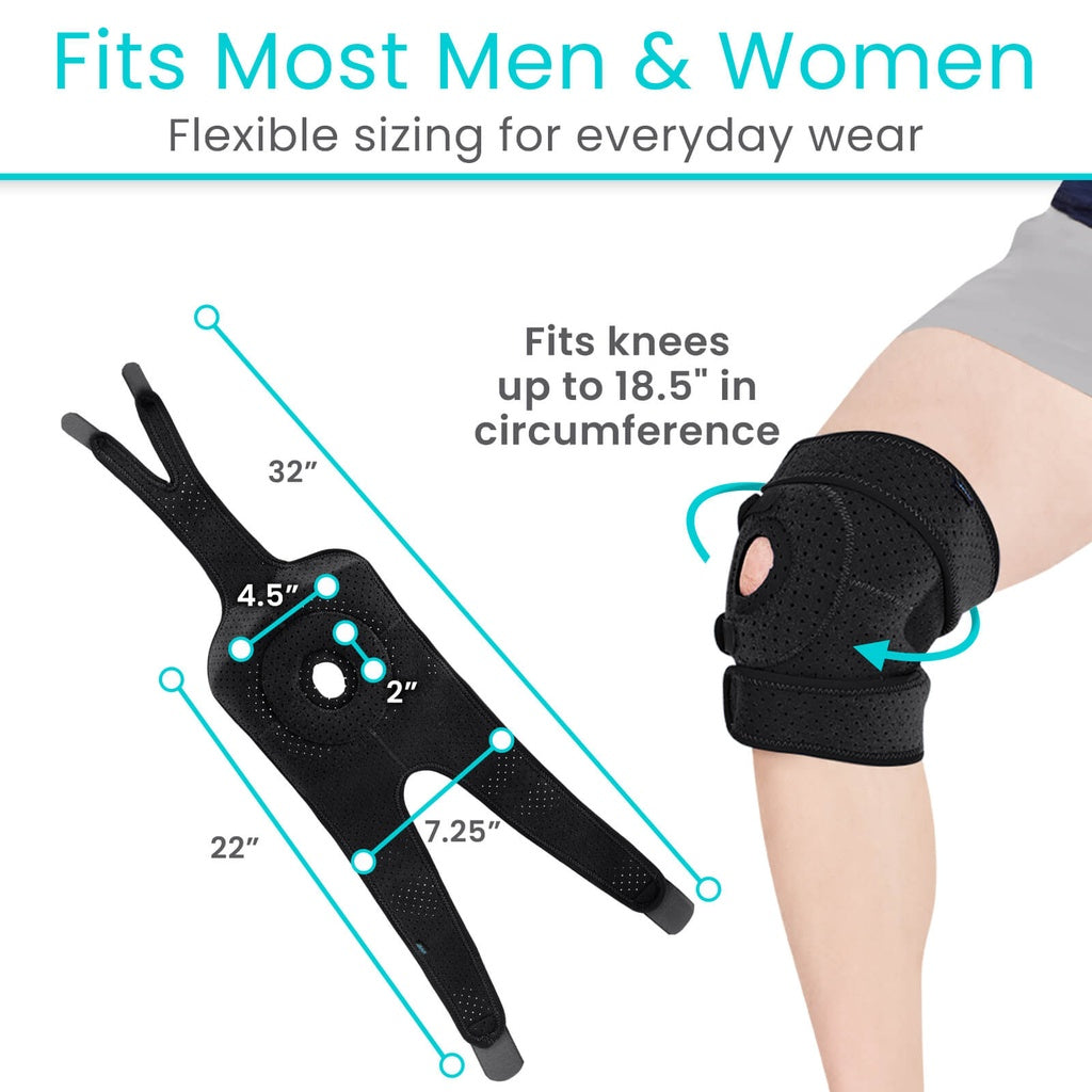 Knee brace with measurement tool and text indicating flexible sizing for men and women.