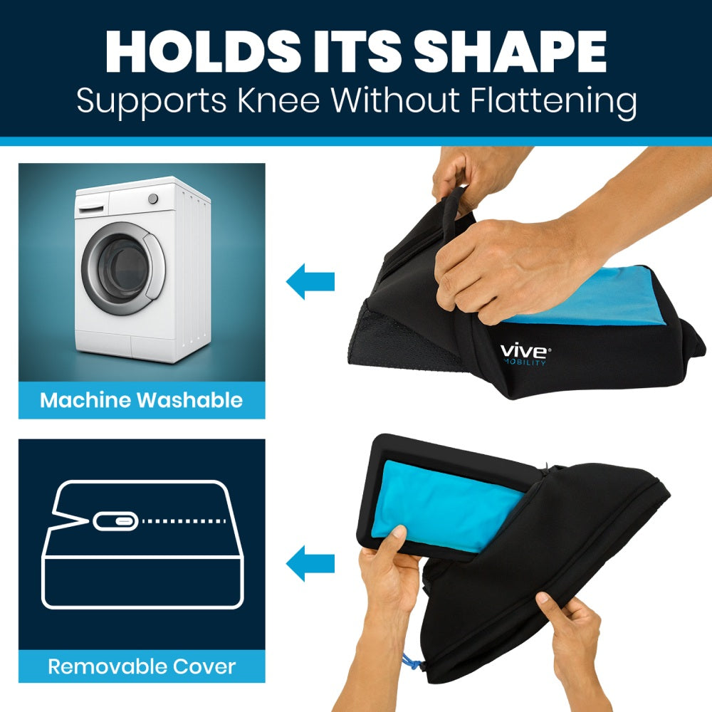 Product advertisement showing a black and blue knee support with washing machine and usage instructions.