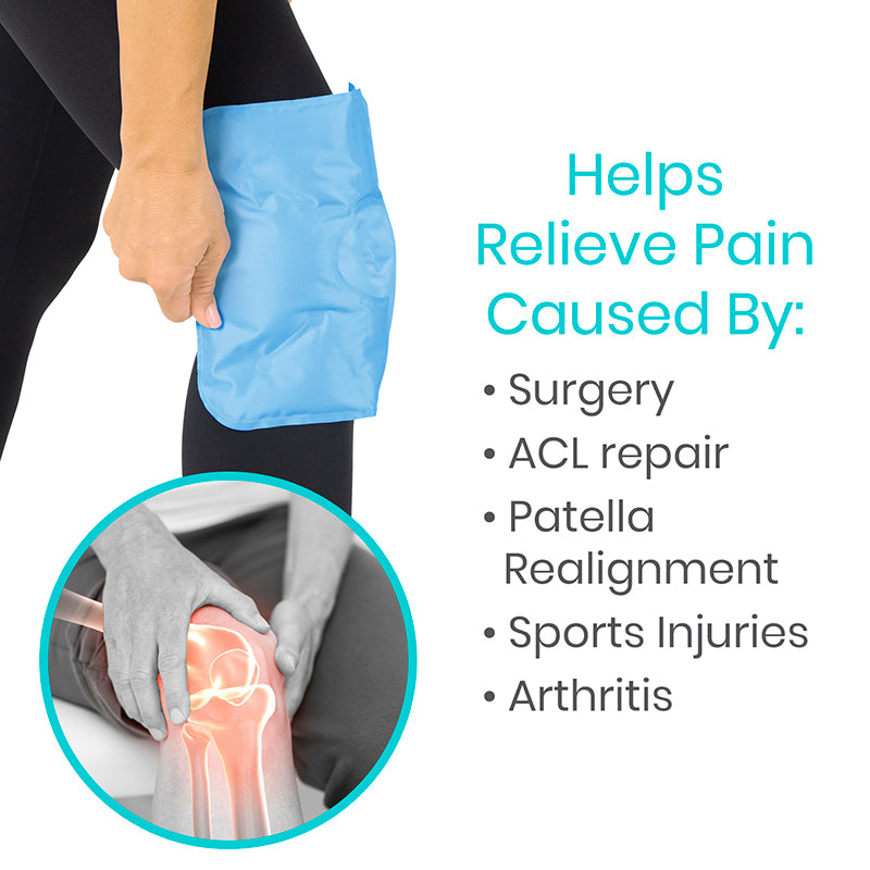 Person holding a blue ice pack with text about pain relief for various conditions.