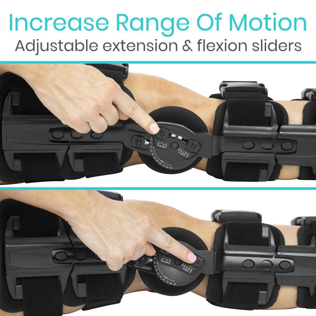 Adjustable extension and flexion sliders on a medical device with text 'Increase Range Of Motion'.