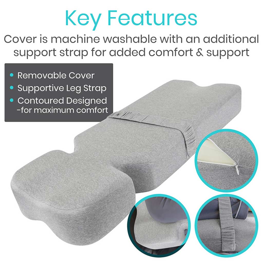 Gray cushion with key features highlighted on a white background