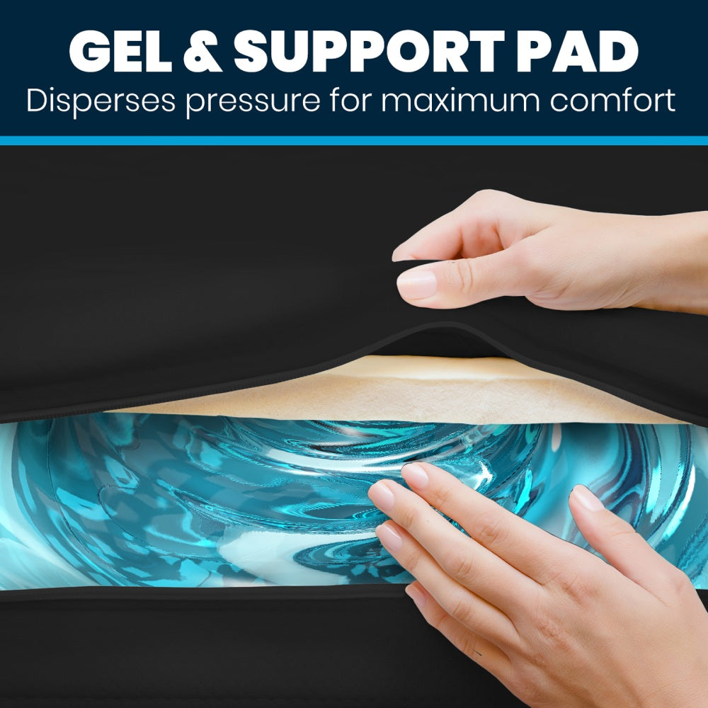 Gel and support pad with hands demonstrating pressure dispersion on a black background