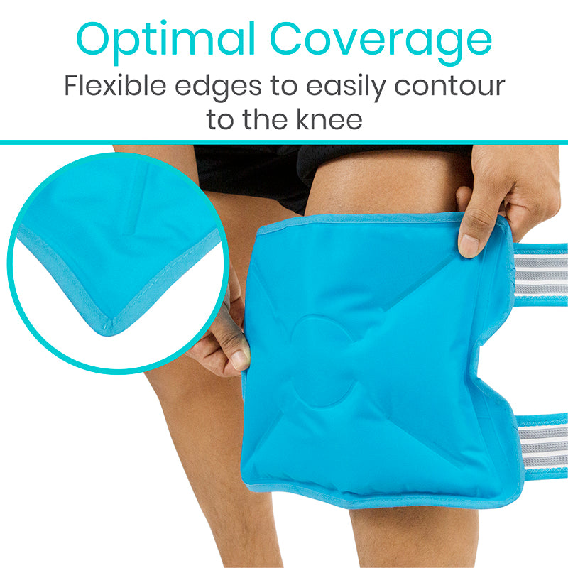 Blue knee support with flexible edges being held by a person, labeled 'Optimal Coverage'.