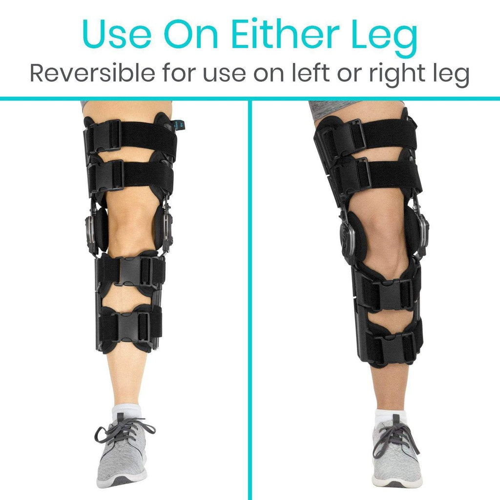 Black knee brace on a person's leg with text indicating it can be used on either leg.