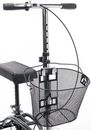 knee walker with a black wire basket and seat on a white background