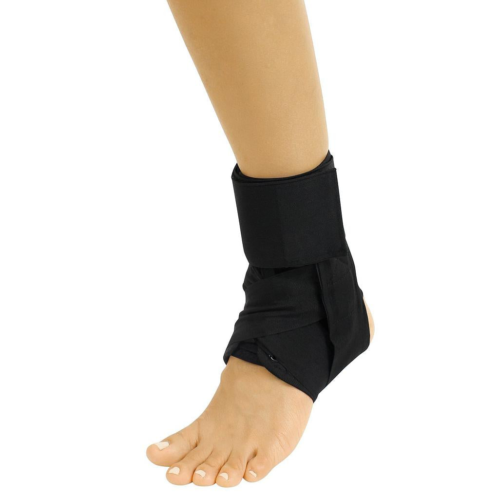 Black ankle support brace on a white background