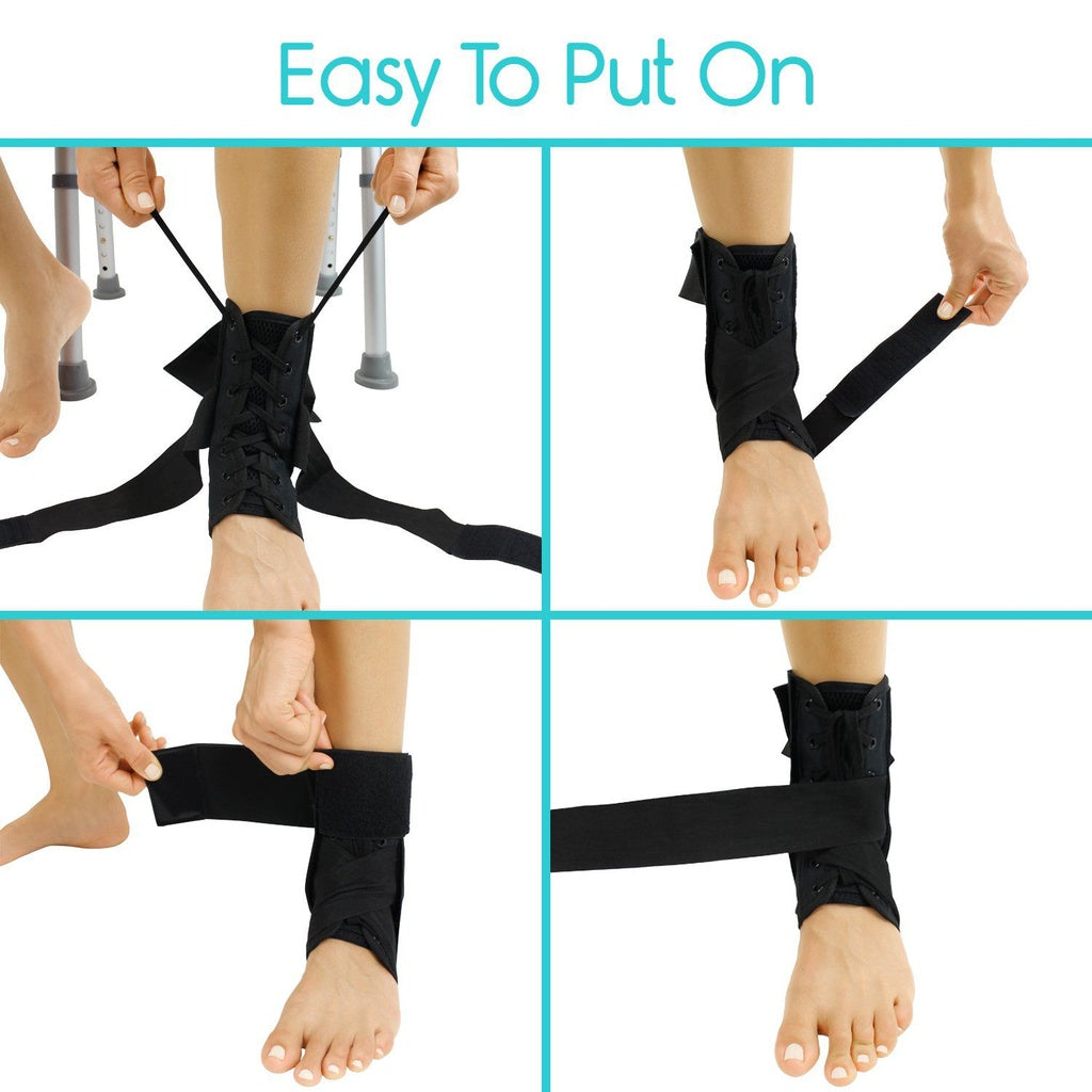 Step-by-step process of putting on black ankle support with text 'Easy To Put On'.