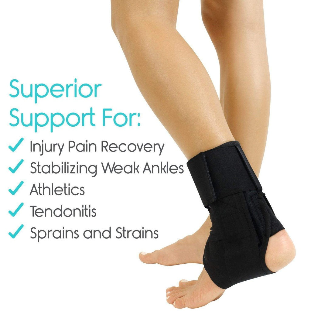 Black ankle support brace on a person's foot with text highlighting its benefits.