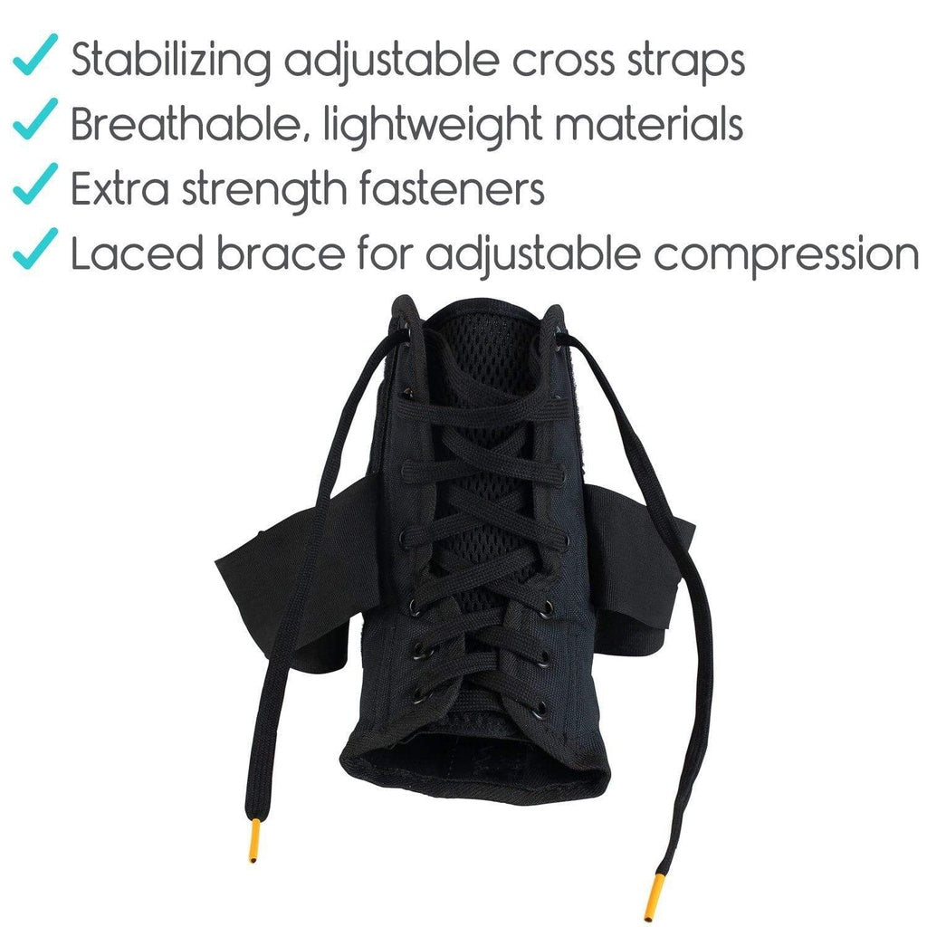 Black orthopedic brace with stabilizing cross straps on a white background
