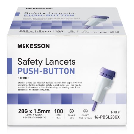 Box of McKesson safety lancets with push-button design on a white background