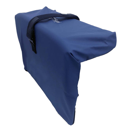 Blue wheelchair support with a black strap on a white background