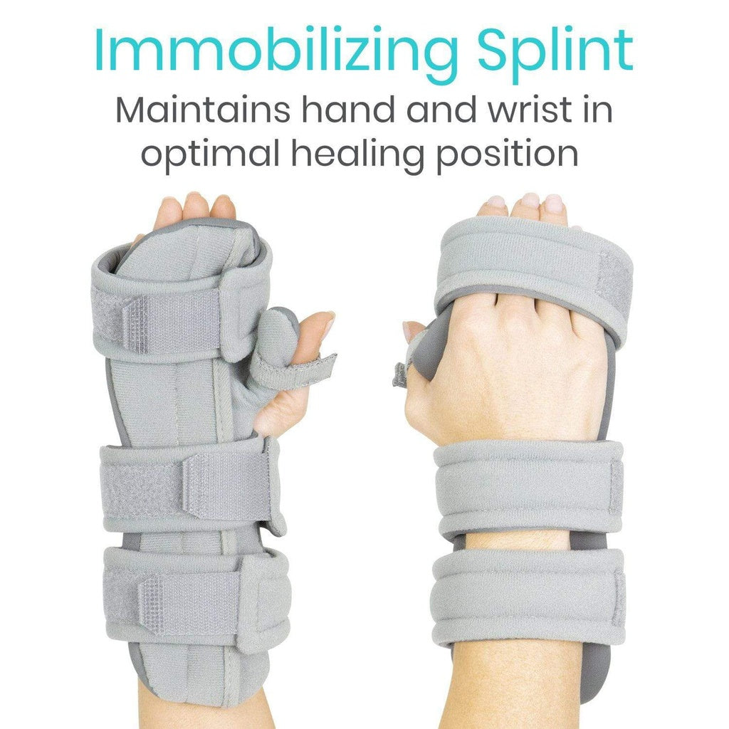 Gray immobilizing splint on hands with text indicating its function.