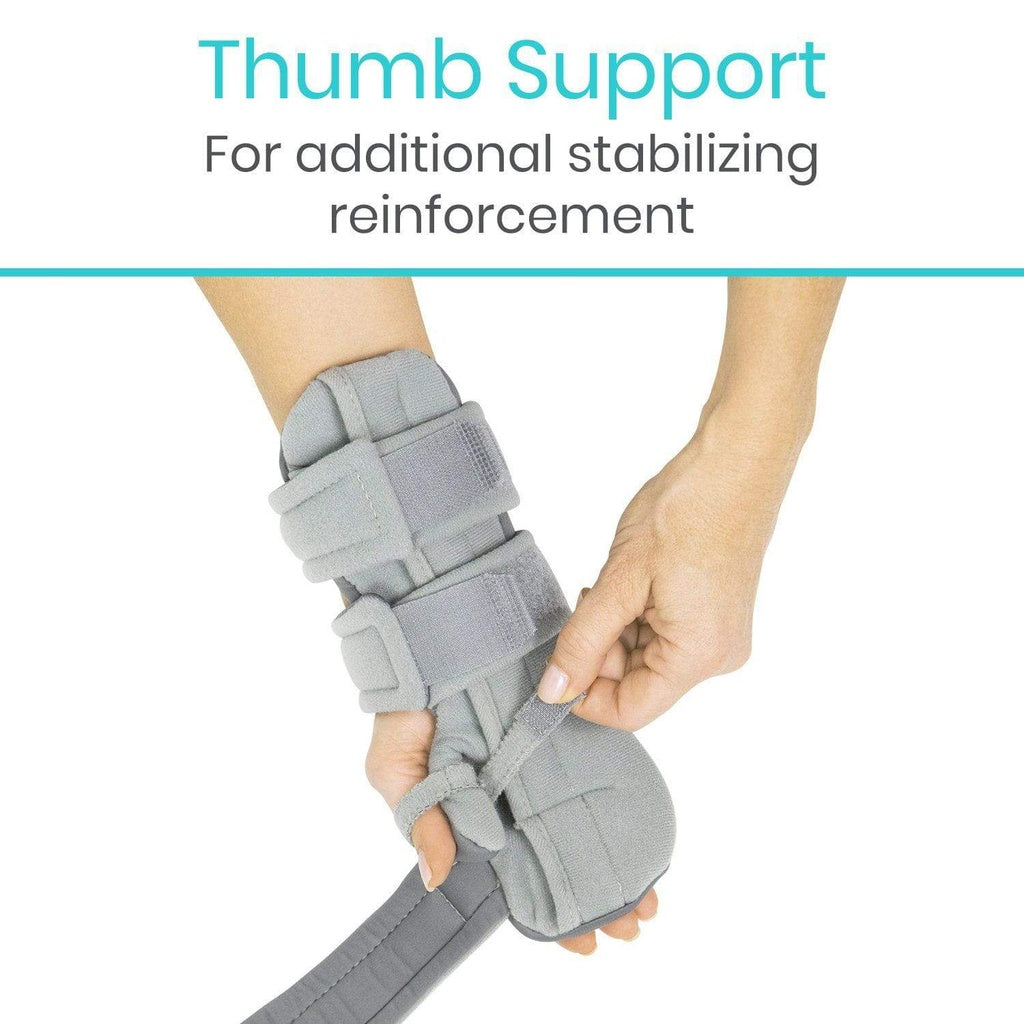 Gray thumb support brace with text on a white background