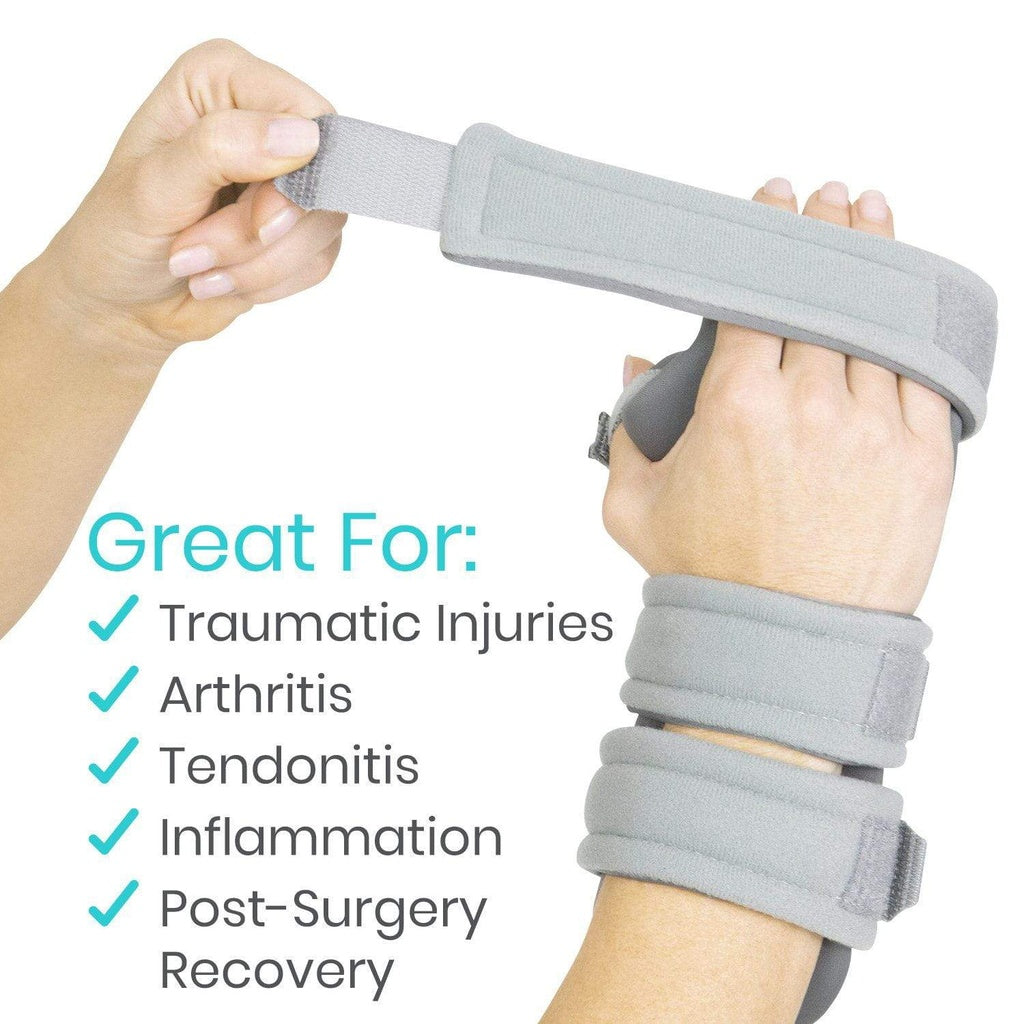 Hand wearing a gray wrist support brace with text listing conditions it's great for.
