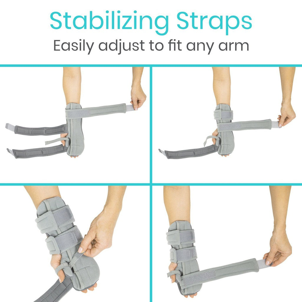 Gray stabilizing straps being adjusted on different arm positions with text indicating adjustability.