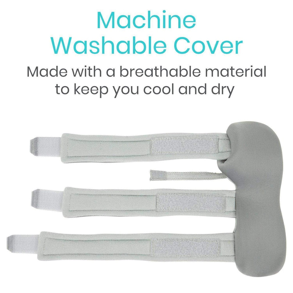 Gray shoulder brace with text about machine washable cover and breathable material
