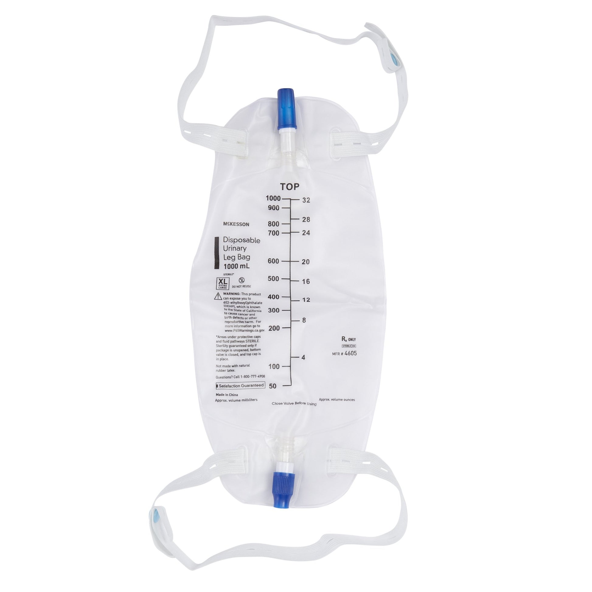 Disposable urinary leg bag with measurement markings on a white background