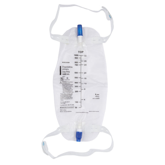 Disposable urinary leg bag with measurement markings on a white background