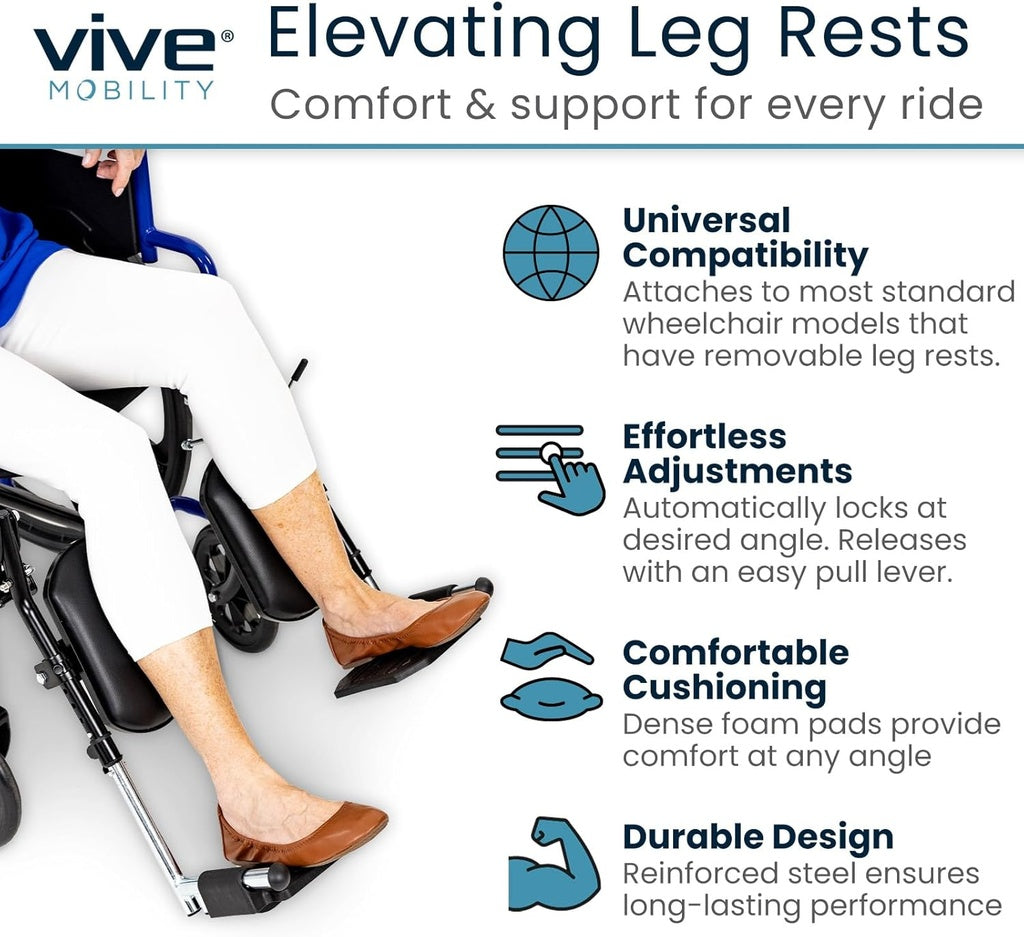 Vive Mobility elevating leg rests for wheelchairs with text highlighting features.