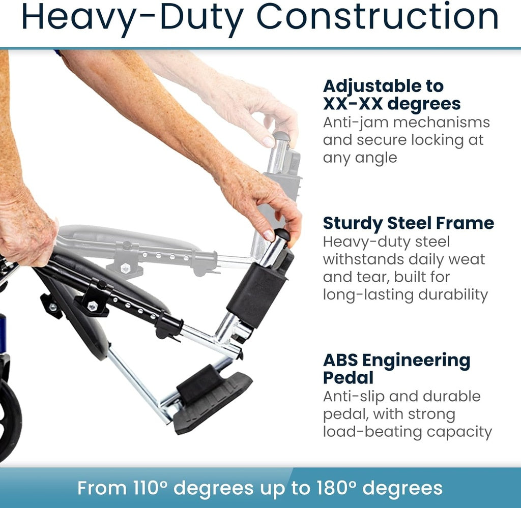 Stroller with adjustable features and text highlighting heavy-duty construction, adjustable angles, and durability.