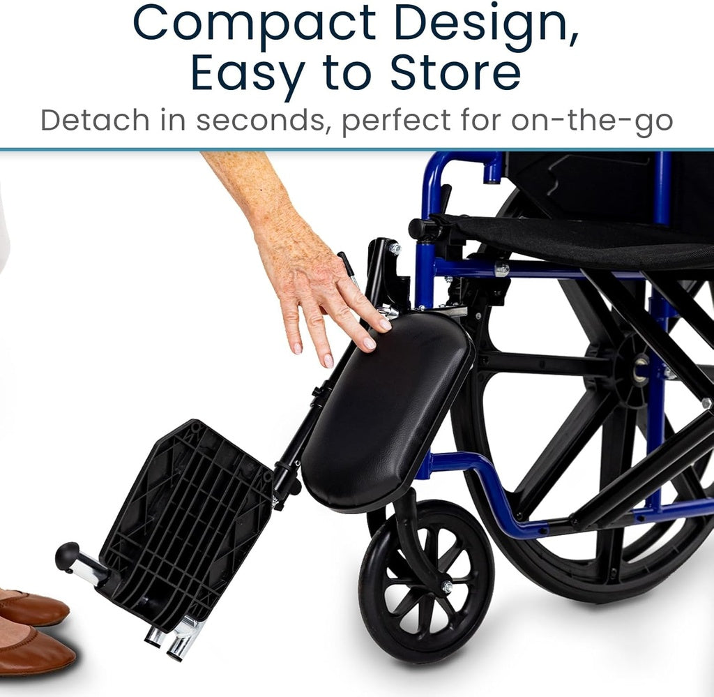 Wheelchair with detachable seat and footrest, text 'Compact Design, Easy to Store'.